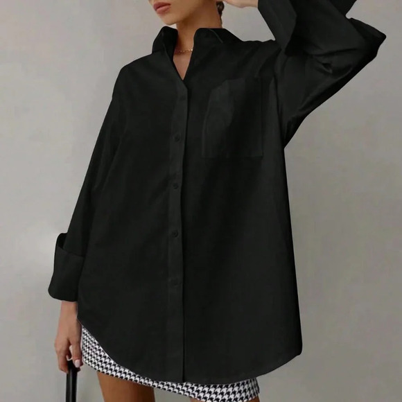 Tops - Black Casual Women's Loose Long Sleeved Shirt